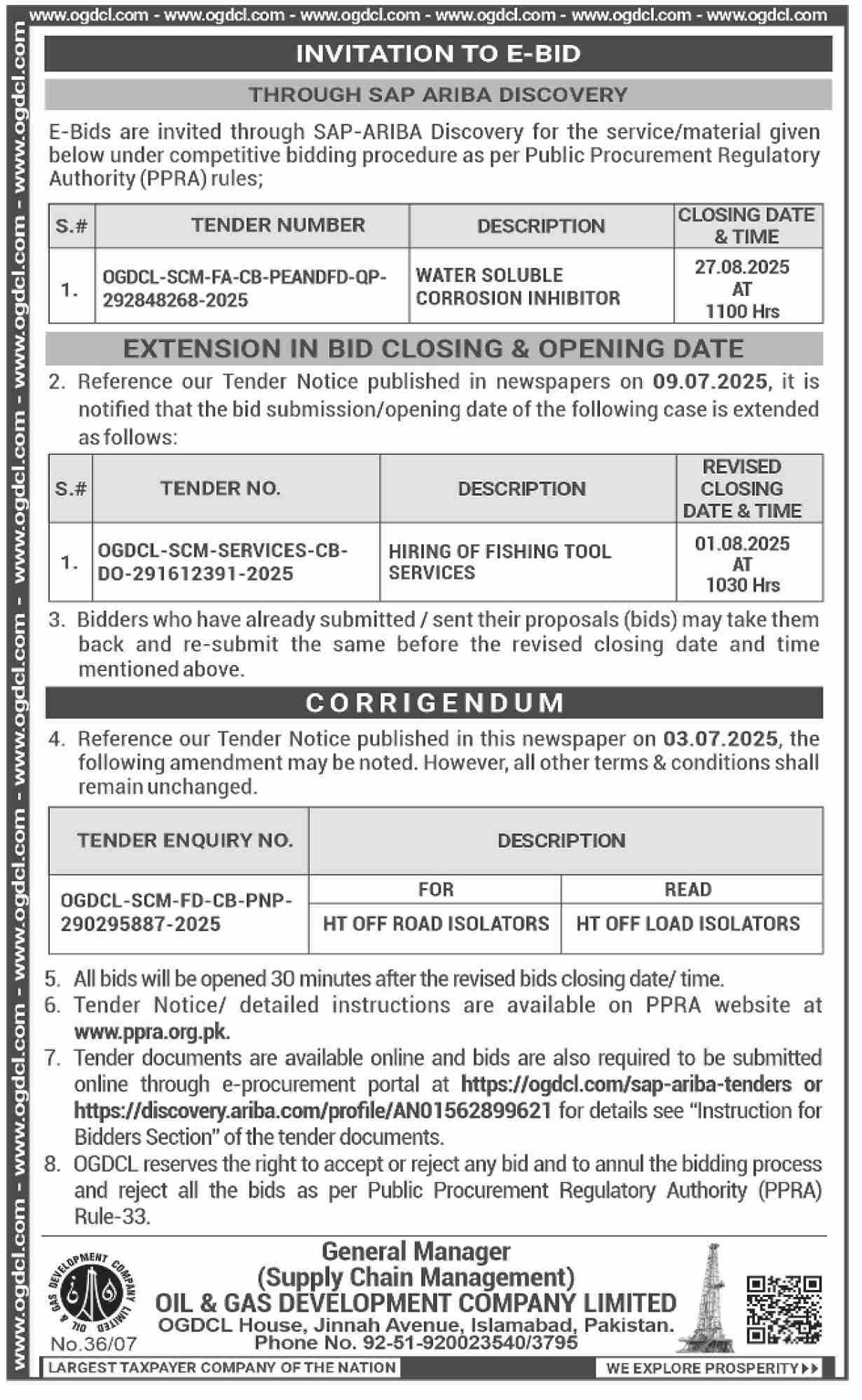 Oil & Gas Development Company Limited Islamabad Tender Notice